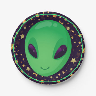 Cute Green Alien op Gold Stars Fun Papieren Bordje