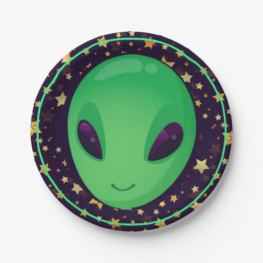Cute Green Alien op Gold Stars Fun Papieren Bordje (Voorkant)