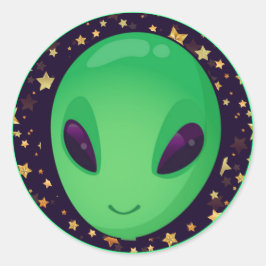 Cute Green Alien op Gold Stars Fun Ronde Sticker