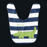 Cute Green Alligator Baby Slabbetje<br><div class="desc">Schattige groene alligator op een blauwe strepen patroonachtergrond.</div>