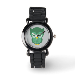 Cute Green and Yellow Cartoon Owl 2 Horloge
