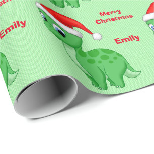 Cute Green Baby Dinosour met Santa Hat Cadeaupapier