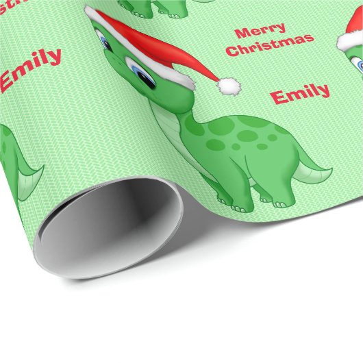 Cute Green Baby Dinosour met Santa Hat Cadeaupapier (Rol Hoek)