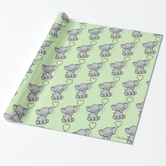 Cute Green Baby Elephant Pattern Wrapping Paper Cadeaupapier (Uitgerold)