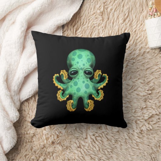 Cute Green Baby Octopus op zwart Kussen (Deken)