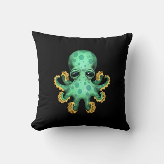 Cute Green Baby Octopus op zwart Kussen (Voorkant)