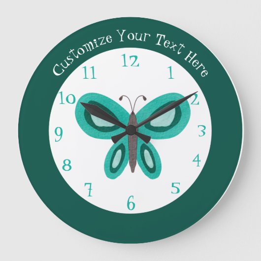 Cute Green Blauwgroen Butterfly Personalized Large Grote Klok (Voorkant)