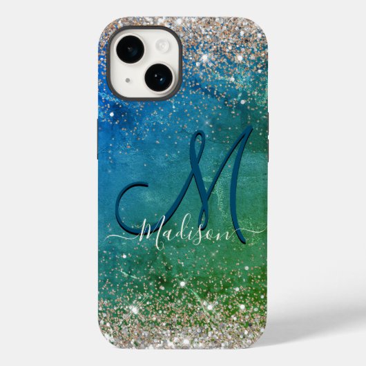 Cute green blue faux gold glitter monogram Case-Mate iPhone case (Achterkant)
