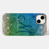 Cute green blue faux gold glitter monogram Case-Mate iPhone case (Achterkant (horizontaal))
