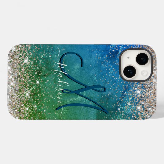 Cute green blue faux gold glitter monogram Case-Mate iPhone case (Achterkant (horizontaal))