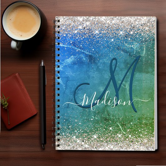 Cute green blue faux gold glitter monogram notitieboek
