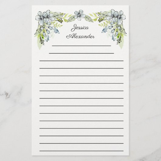 Cute Green Blue Hand Drawn Flowers Name Briefpapier (Voorkant)