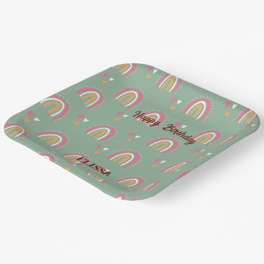 Cute Green Boho Rainbow Birthday Custom Name Papieren Bordje (Gebogen)