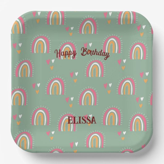 Cute Green Boho Rainbow Birthday Custom Name Papieren Bordje (Voorkant)