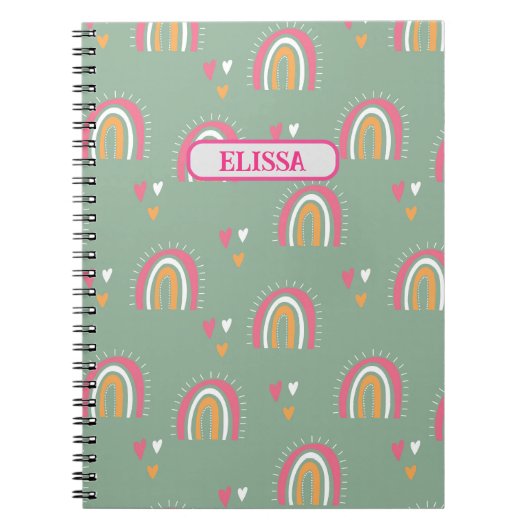 Cute Green Boho Rainbow Heart Name Persoonlijk Notitieboek (Voorkant)