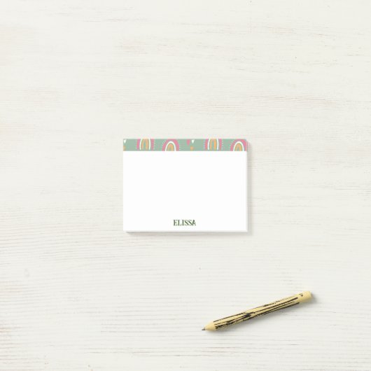 Cute Green Boho Rainbow Heart Name Persoonlijk Post-it® Notes (Op bureau)