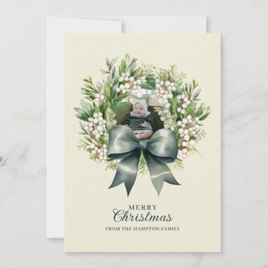 Cute Green Bow Wreath Photo Christmas Feestdagenkaart (Voorkant)