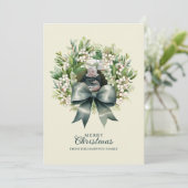 Cute Green Bow Wreath Photo Christmas Feestdagenkaart (Staand voorkant)