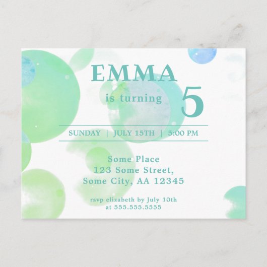Cute Green Bubbles Kinderen Uitnodiging van Birthd (Achterkant)
