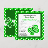 Cute Green Butterfly w/ Polka Dots Birthday Invite Kaart (Voorkant / Achterkant)