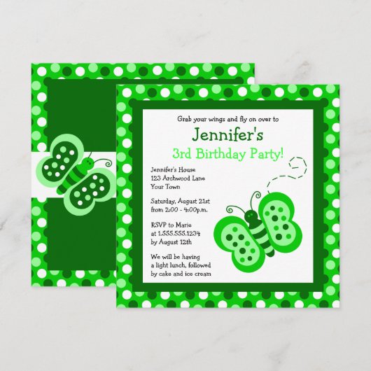 Cute Green Butterfly w/ Polka Dots Birthday Invite Kaart (Voorkant / Achterkant)