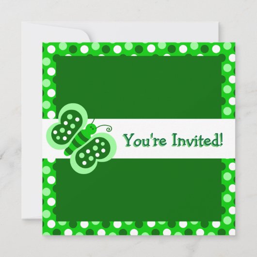 Cute Green Butterfly w/ Polka Dots Birthday Invite Kaart (Achterkant)