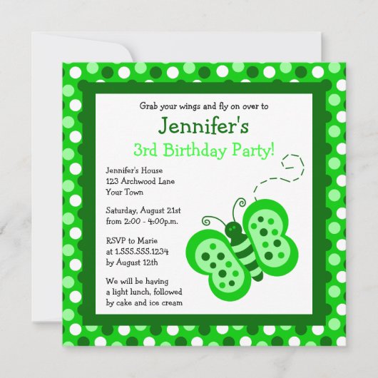 Cute Green Butterfly w/ Polka Dots Birthday Invite Kaart (Voorkant)