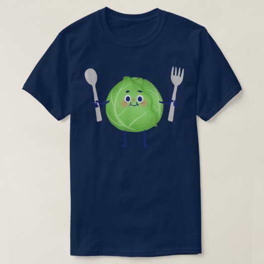 Cute Green Cabbage Vegetable Holding Fork and Spoo T-shirt (Design voorkant)