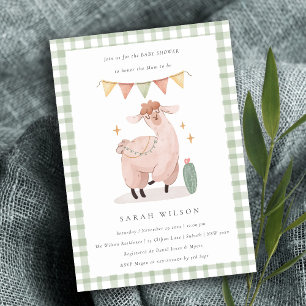 Cute Green Cactus Boho Llama Baby shower Invite Bedankkaart