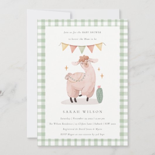 Cute Green Cactus Boho Llama Baby shower Invite Bedankkaart (Voorkant)