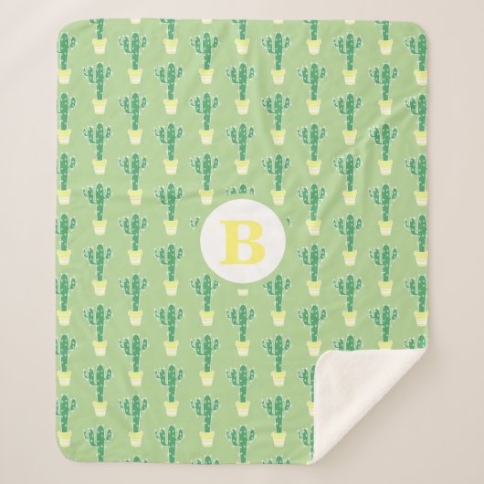 Cute Green Cactus in Yellow Pots | Monogram Sherpa Deken (Voorkant)