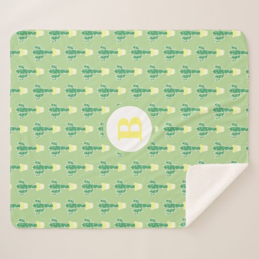 Cute Green Cactus in Yellow Pots | Monogram Sherpa Deken (Voorkant (horizontaal))