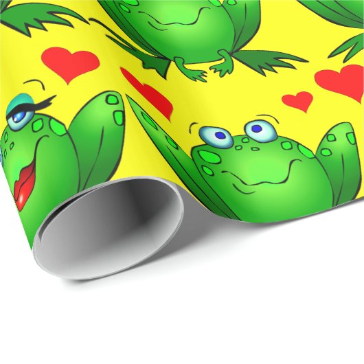 Cute Green Cartoon Frogs Love Heellow Cadeaupapier (Rol Hoek)