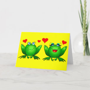 Cute Green Cartoon Frogs Love Heour Yellow Blank Kaart