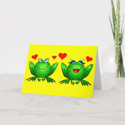 Cute Green Cartoon Frogs Love Heour Yellow Blank Kaart (Voorkant)