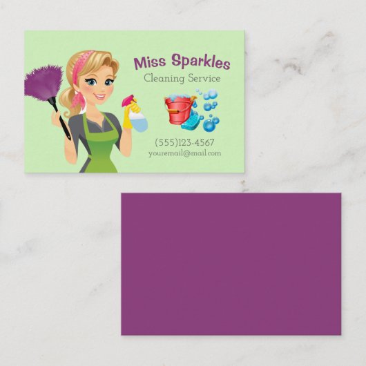 Cute Green Cartoon Maid House Cleaning Service Visitekaartje (Voorkant / Achterkant)