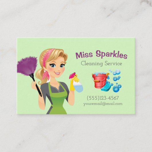 Cute Green Cartoon Maid House Cleaning Service Visitekaartje (Voorkant)