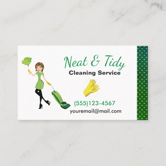 Cute Green Cartoon Maid House Cleaning Services Visitekaartje (Voorkant)