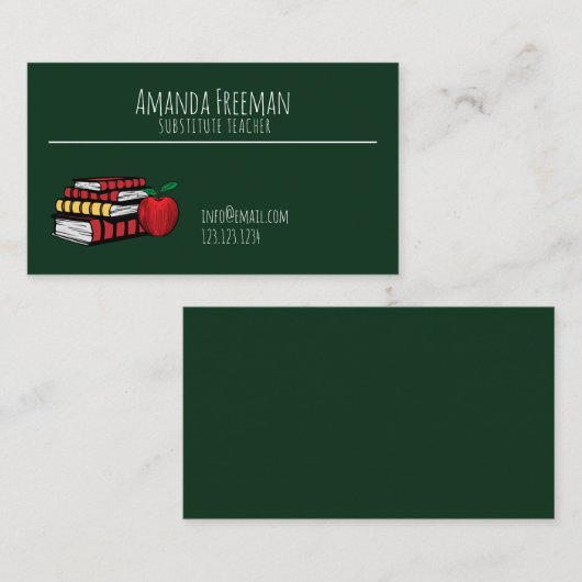 Cute Green Chalkboard en Books Substitute Teacher Visitekaartje (Voorkant / Achterkant)
