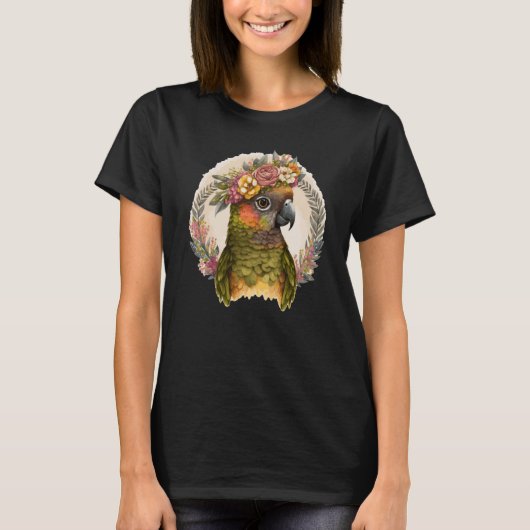 Cute Green Cheek Conure Parrot Bird Flower Crown P T-shirt (Voorkant)