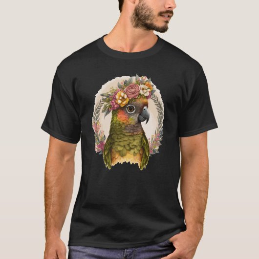 Cute Green Cheek Conure Parrot Bird Flower Crown P T-shirt (Voorkant)