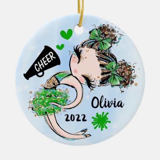 Cute Green Cheerleader Girl Ornament Brown Hair (Voorkant)
