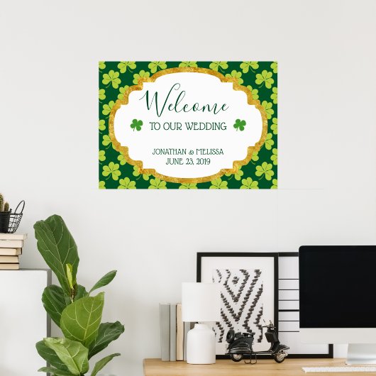 Cute Green Clover Pattern Weddenschap Welkom Poster (Thuiskantoor)