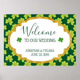 Cute Green Clover Pattern Weddenschap Welkom Poster