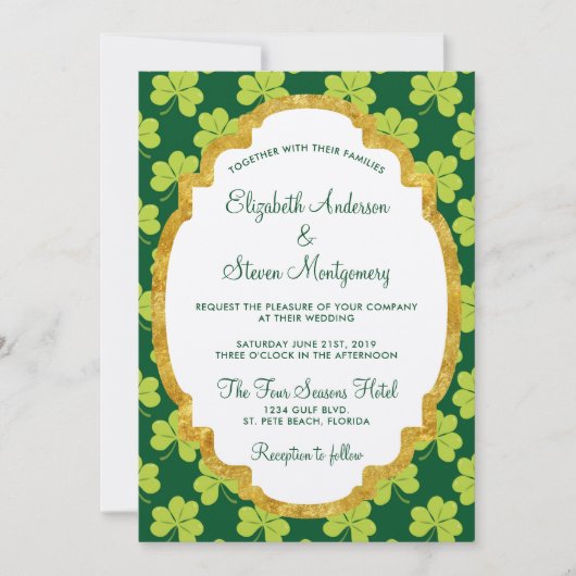 Cute Green Clover Shamrock Pattern Wedding Kaart (Voorkant)