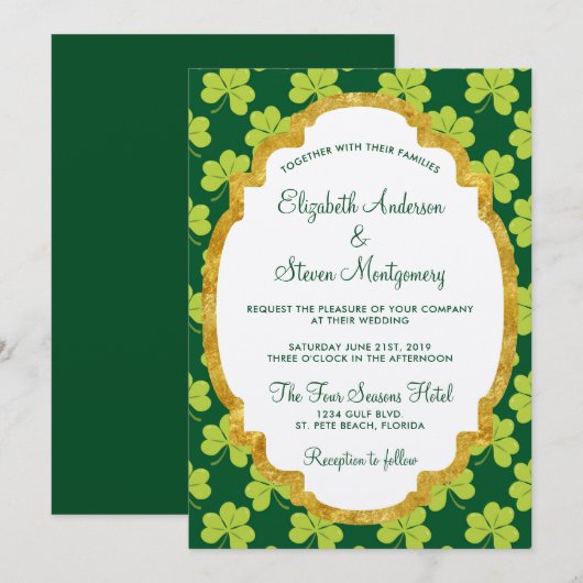 Cute Green Clover Shamrock Pattern Wedding Kaart (Voorkant / Achterkant)