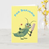 Cute green cricket insect cartoon illustration kaart (Gele Bloem)