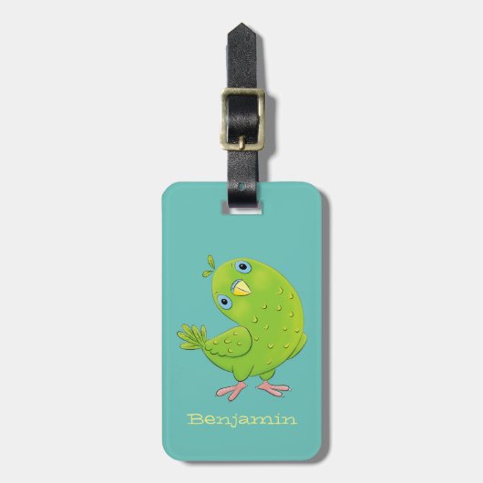 Cute green curious paraket cartoon bagagelabel (Voorkant verticaal)