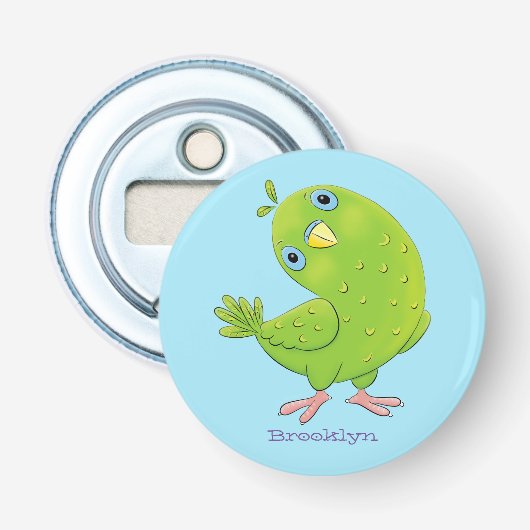 Cute green curious paraket cartoon button flesopener (Voorkant)