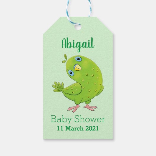 Cute green curious paraket cartoon cadeaulabel (Achterkant)